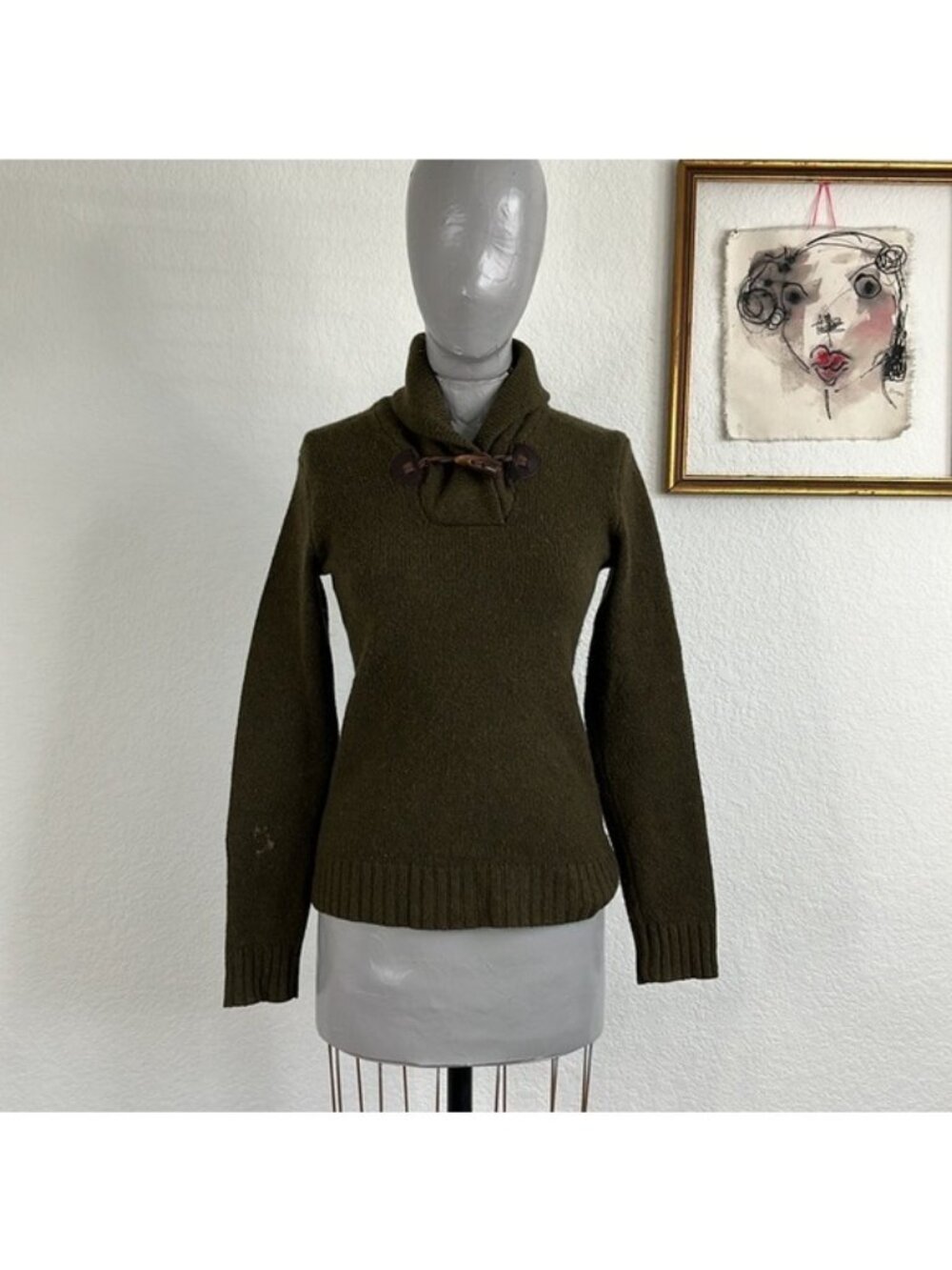 Ralph Lauren Cashmere Wool Shawl Collar Toggle V Neck Sweater